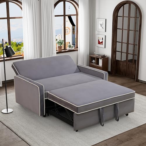 Grey 3 in 1 Convertible Sleeper Sofa with Pullout Bed Flannel 2 Seater Futon Loveseat Couch Bed W755901