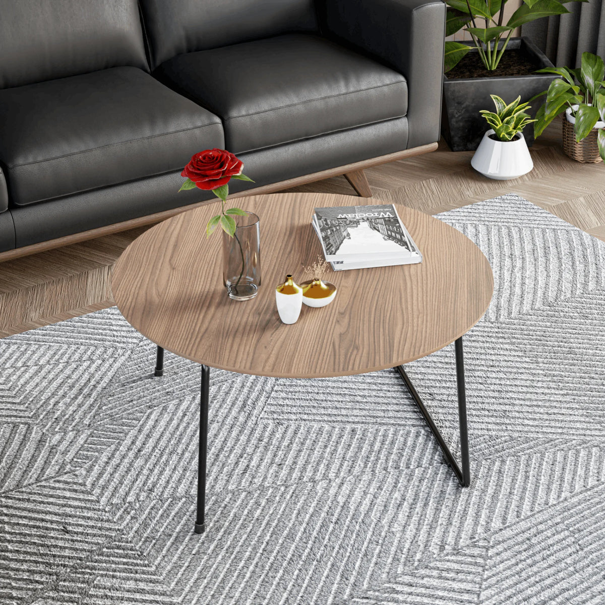 Mid Century Modern Round Coffee Table with Wood Top M25566