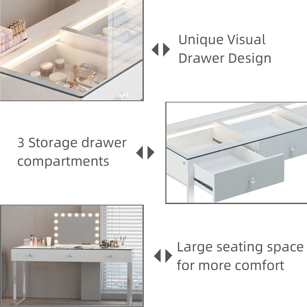 3-Drawer Vanity Table with LED Light and Charging Port O51266