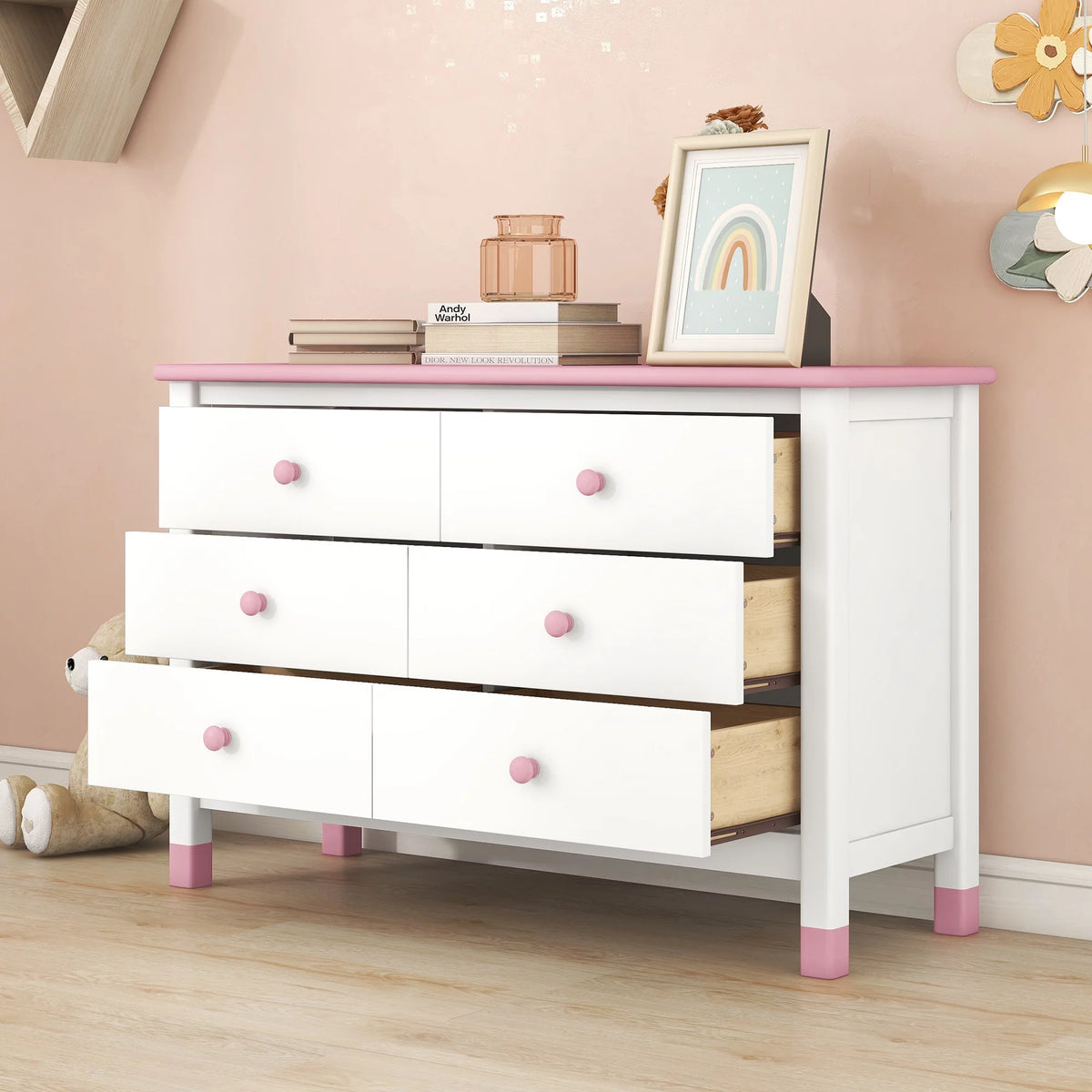 White Pink 6 Drawer Wooden Storage Dresser M8054