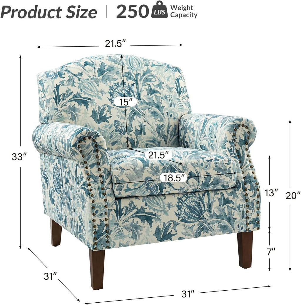 Accent Chair With Wood Legs & Removable Cushion, Floral Design Single Sofa P646
