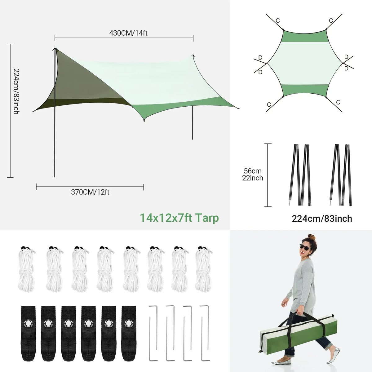 12 x 14ft Waterproof Camping Tent Tarp with 2 Poles B24947