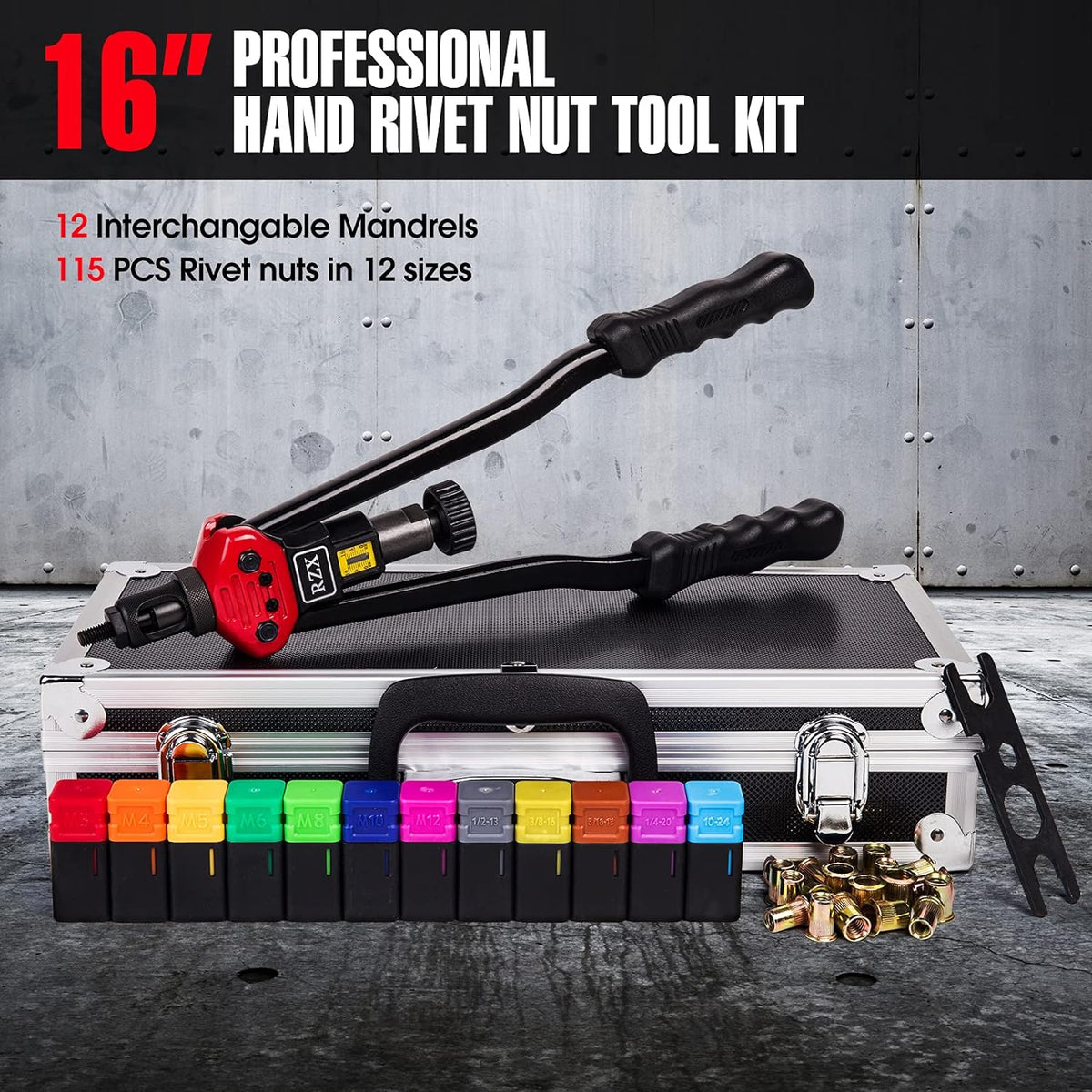 16 Rivet Nut Tool Set with 115Pcs Assorted Rivet Nuts and aluminum Carrying Case Q8580