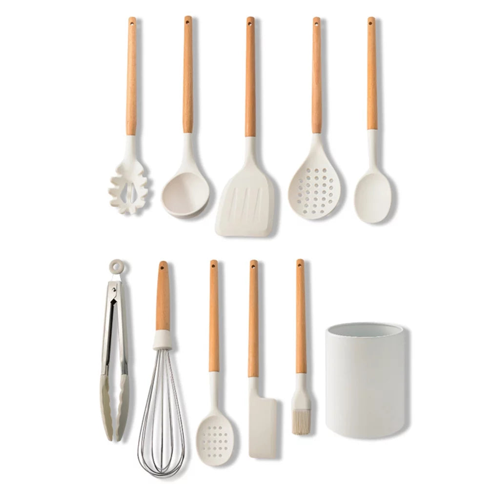 10 PCS Silicone Utensil Set Wooden Handle J3784