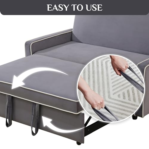 Grey 3 in 1 Convertible Sleeper Sofa with Pullout Bed Flannel 2 Seater Futon Loveseat Couch Bed W755901