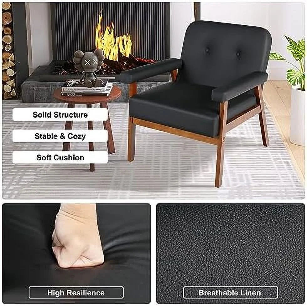 Black Faux Leather Accent Chairs Set of 2 with Wood Arms J278