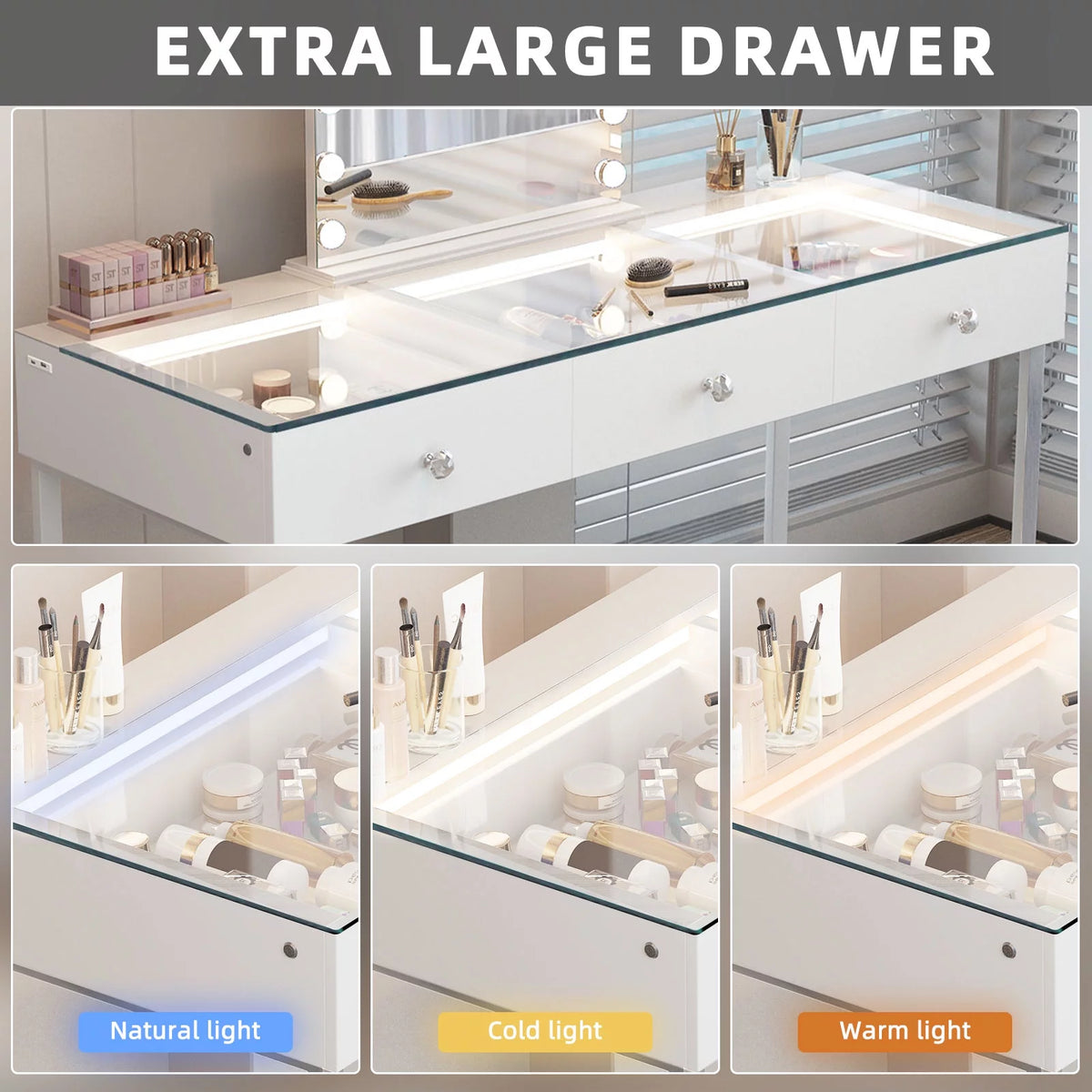 3-Drawer Vanity Table with LED Light and Charging Port O51266