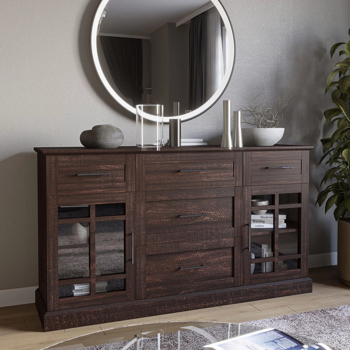 Espresso Sideboard Buffet Console Table with Drawers and Adjustable Shelves W249372