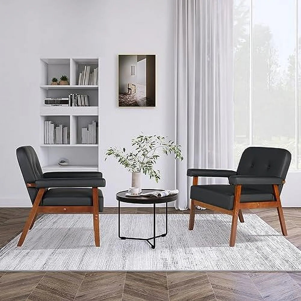 Black Faux Leather Accent Chairs Set of 2 with Wood Arms J278