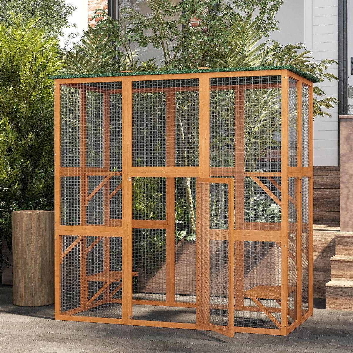 Outdoor Wooden Cat House Enclosure with 6 High Ledges Z64212