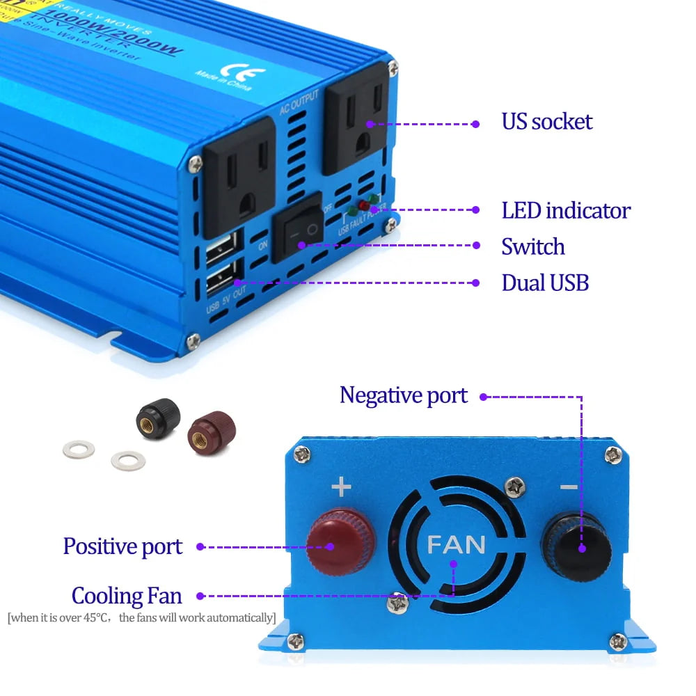 1000 Watts 2000 Watts Pure Sine Wave Power Inverter DC 12V to AC 110V 120V X450177