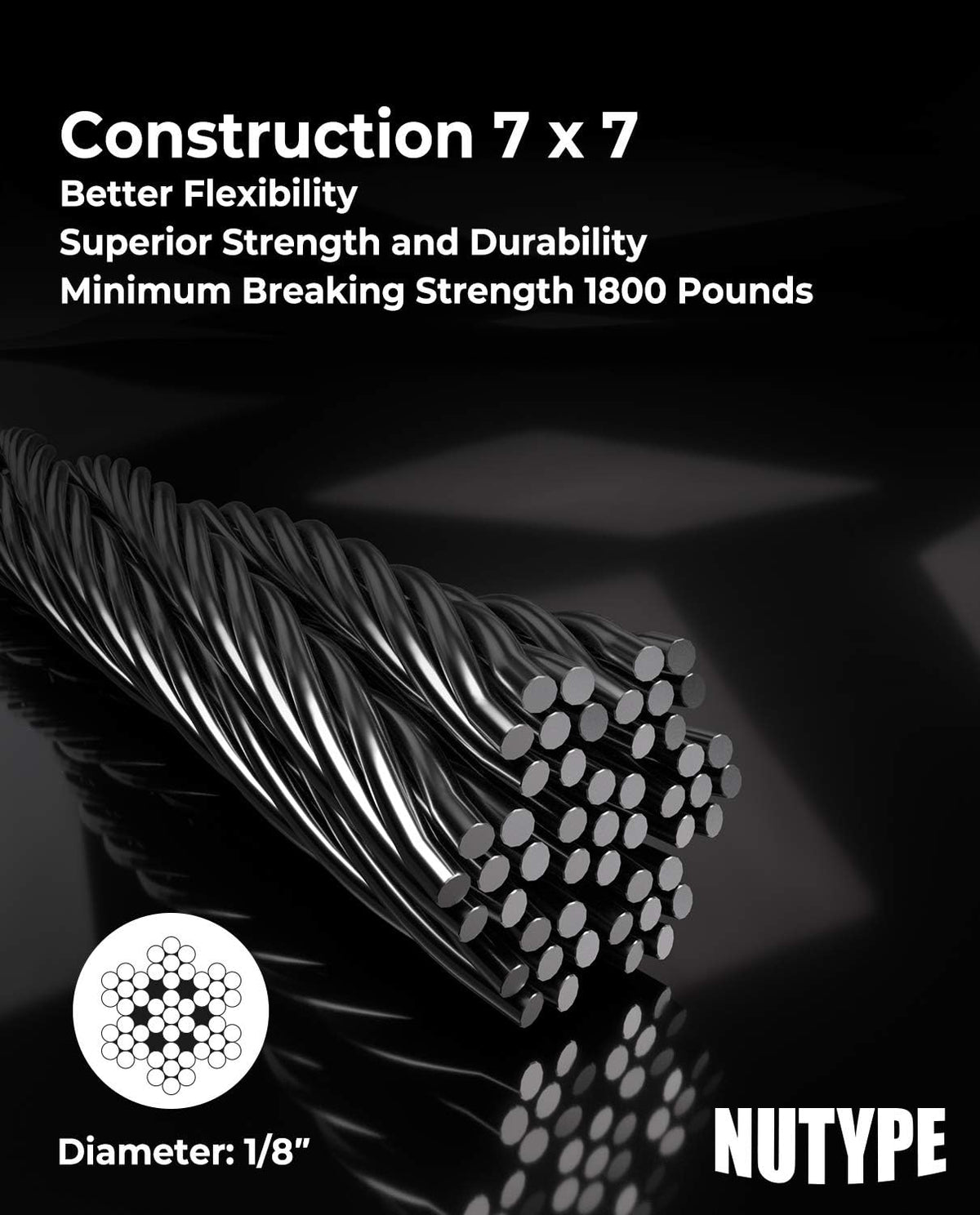 1/8 T316 Stainless Steel Cable, 7x7 Strand Core, 1000FT J566154
