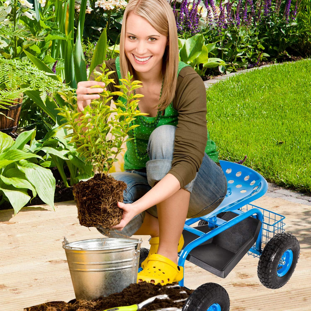 Heavy Duty Rolling Garden Cart with Extendable Steer Handle K5165