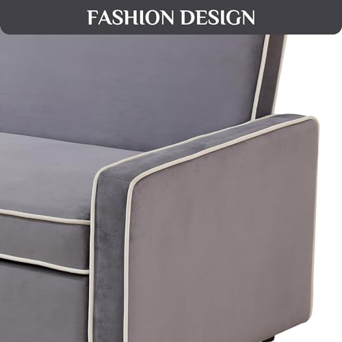 Grey 3 in 1 Convertible Sleeper Sofa with Pullout Bed Flannel 2 Seater Futon Loveseat Couch Bed W755901