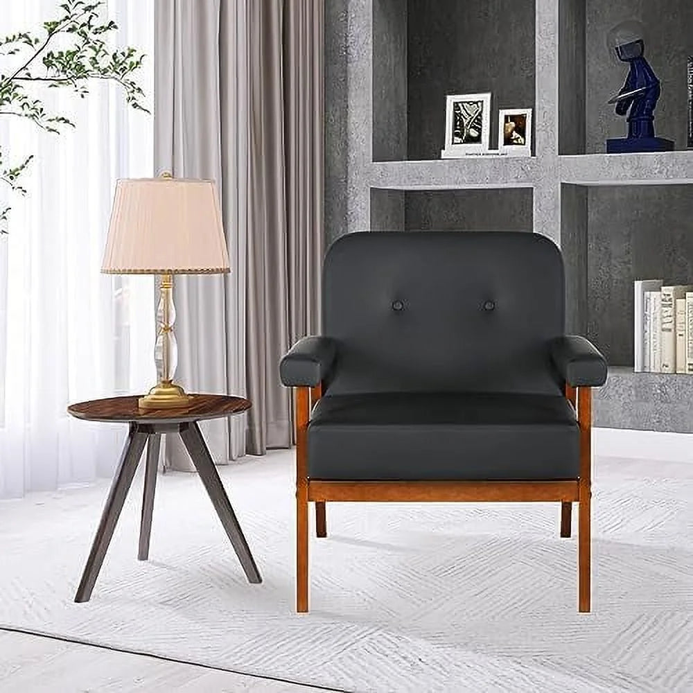 Black Faux Leather Accent Chairs Set of 2 with Wood Arms J278