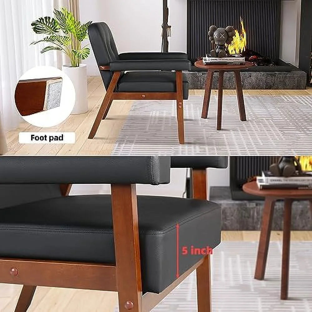 Black Faux Leather Accent Chairs Set of 2 with Wood Arms J278