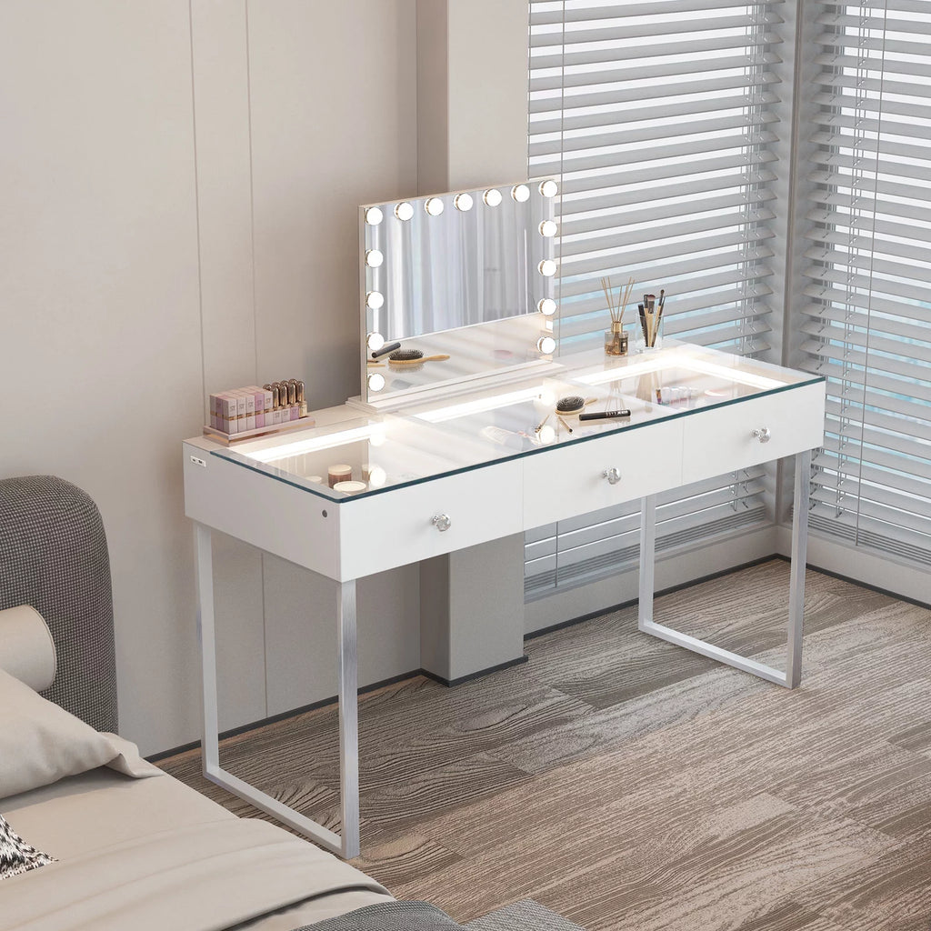 3-Drawer Vanity Table with LED Light and Charging Port O51266