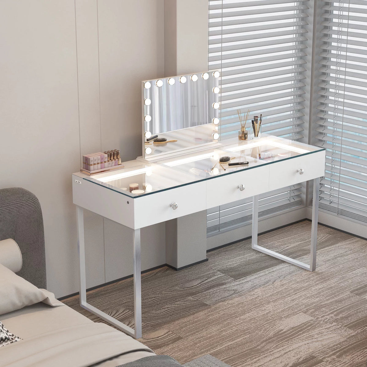3-Drawer Vanity Table with LED Light and Charging Port O51266