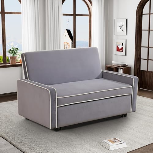 Grey 3 in 1 Convertible Sleeper Sofa with Pullout Bed Flannel 2 Seater Futon Loveseat Couch Bed W755901