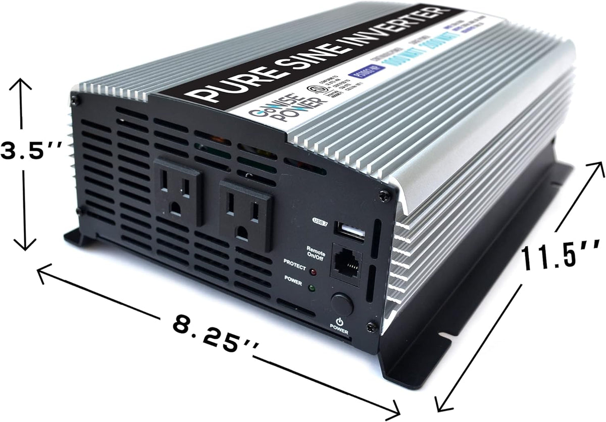 1000W Pure Sine Wave Inverter 12V DC to 120V AC with 2 AC Outlets and USB Port Z253164