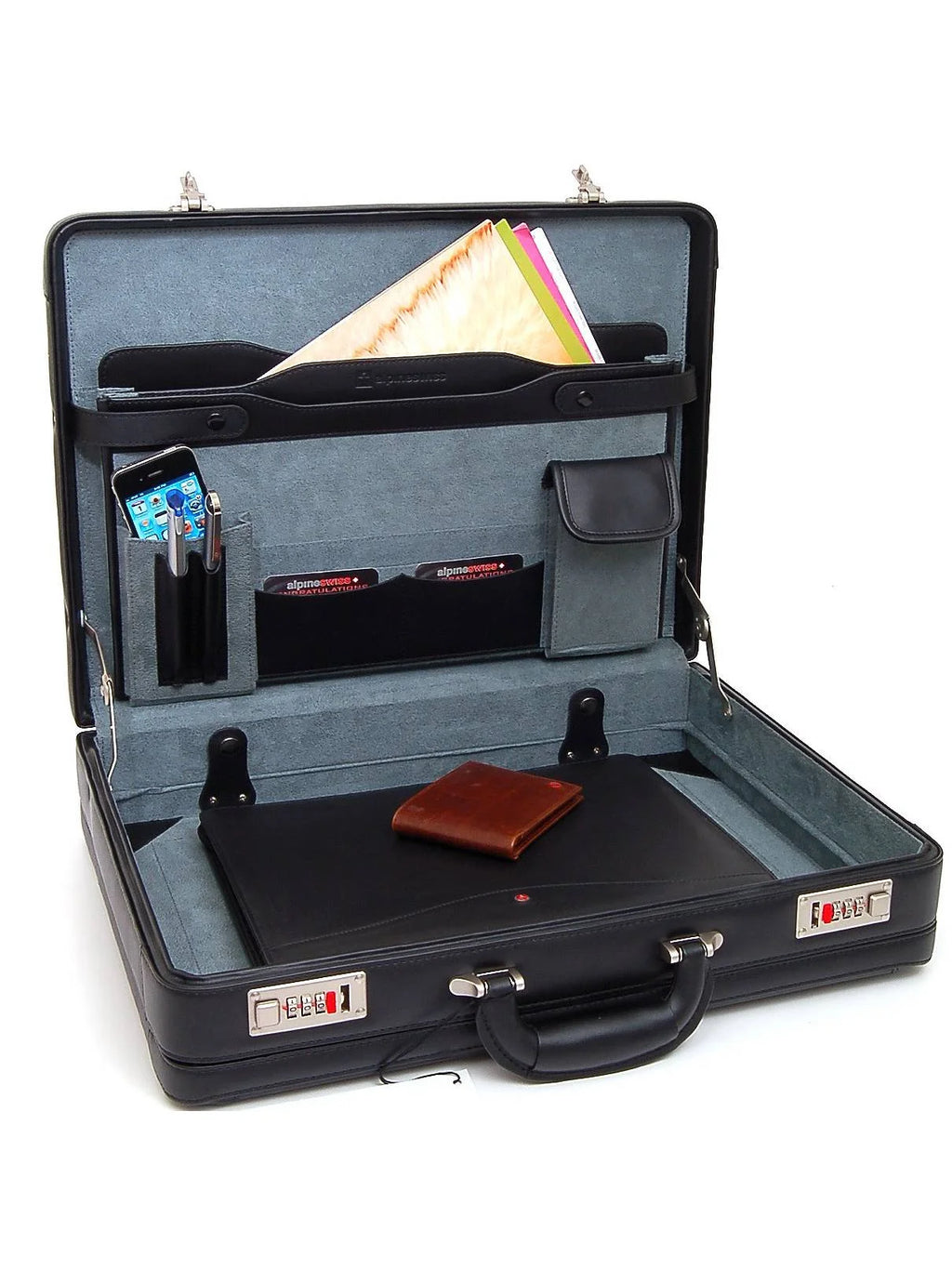 Expandable Leather Attache Briefcase Combination Locks Hard Case Z89157