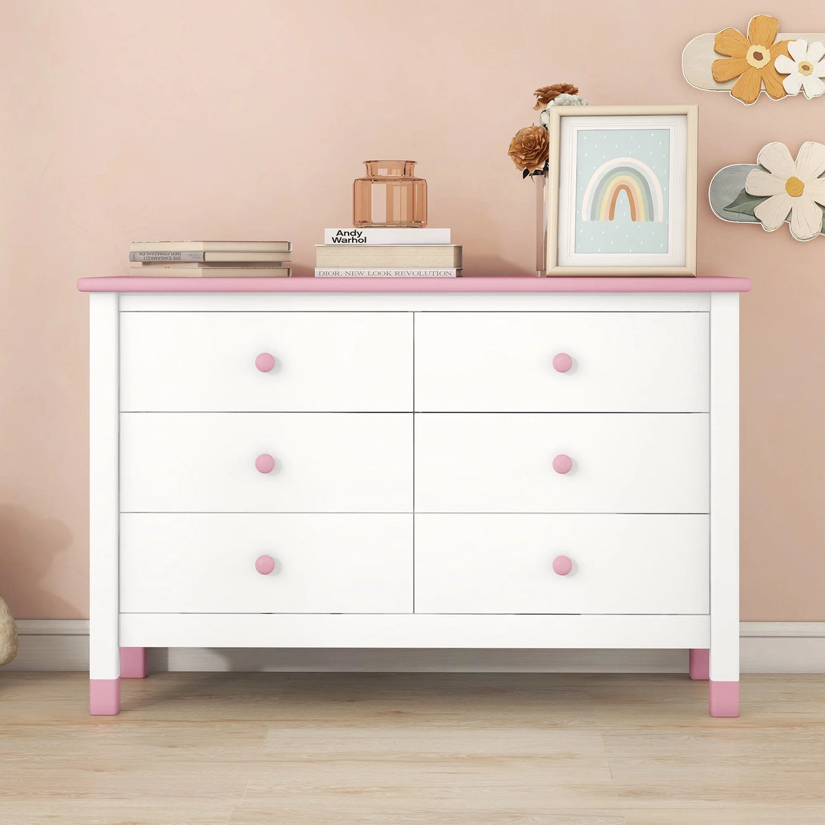 White Pink 6 Drawer Wooden Storage Dresser M8054