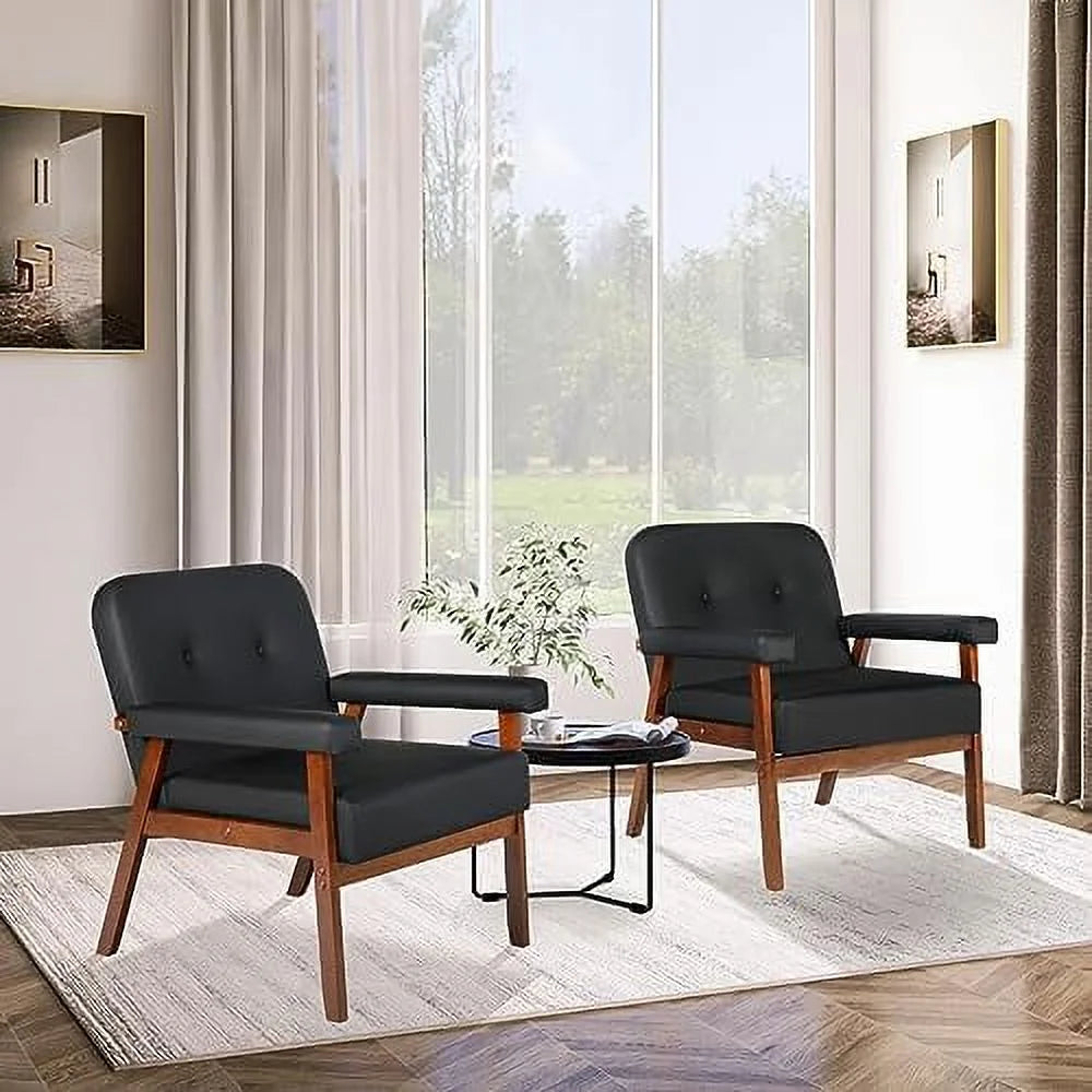 Black Faux Leather Accent Chairs Set of 2 with Wood Arms J278