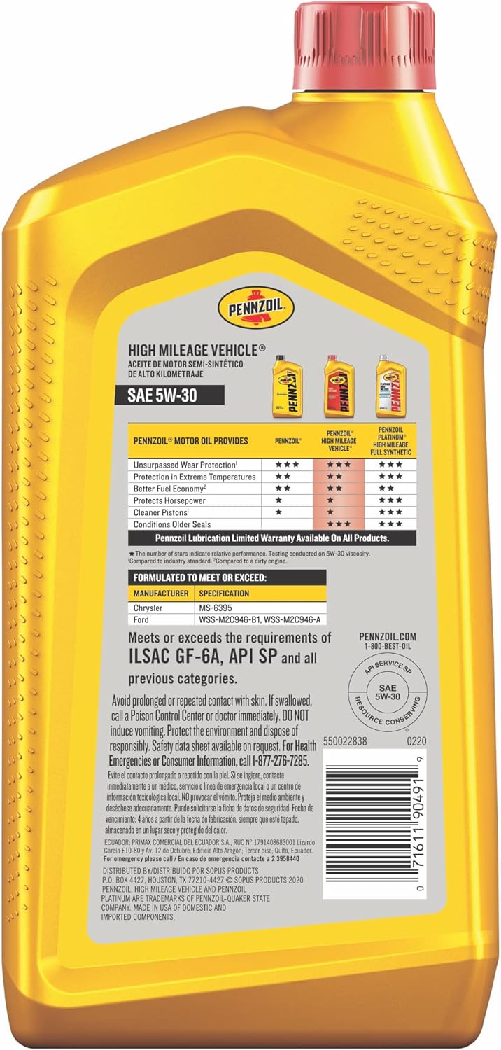 High Mileage Synthetic Blend 5W-30 Motor Oil (1-Quart, Pack of 2) X26172