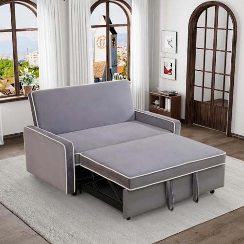 Grey 3 in 1 Convertible Sleeper Sofa with Pullout Bed Flannel 2 Seater Futon Loveseat Couch Bed W755901