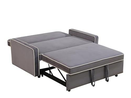 Grey 3 in 1 Convertible Sleeper Sofa with Pullout Bed Flannel 2 Seater Futon Loveseat Couch Bed W755901