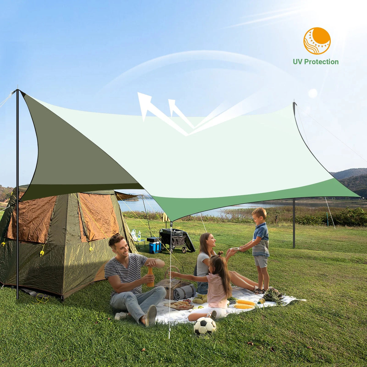 12 x 14ft Waterproof Camping Tent Tarp with 2 Poles B24947