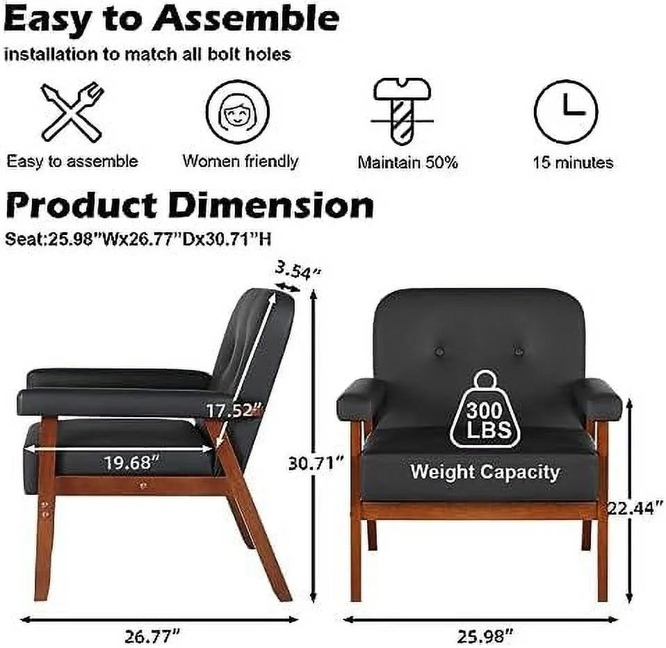 Black Faux Leather Accent Chairs Set of 2 with Wood Arms J278