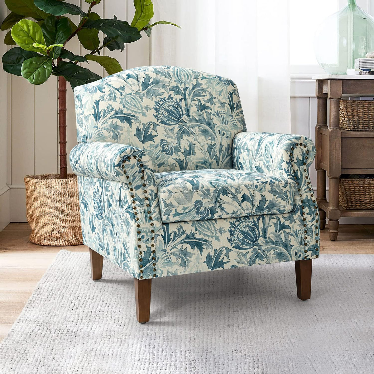 Accent Chair With Wood Legs & Removable Cushion, Floral Design Single Sofa P646
