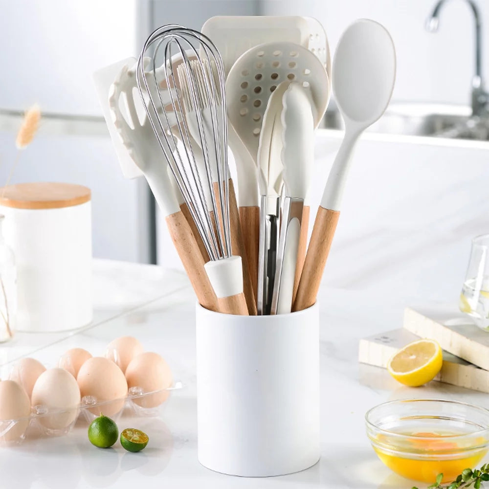 10 PCS Silicone Utensil Set Wooden Handle J3784