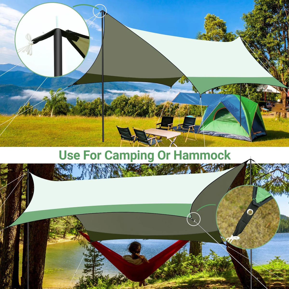 12 x 14ft Waterproof Camping Tent Tarp with 2 Poles B24947
