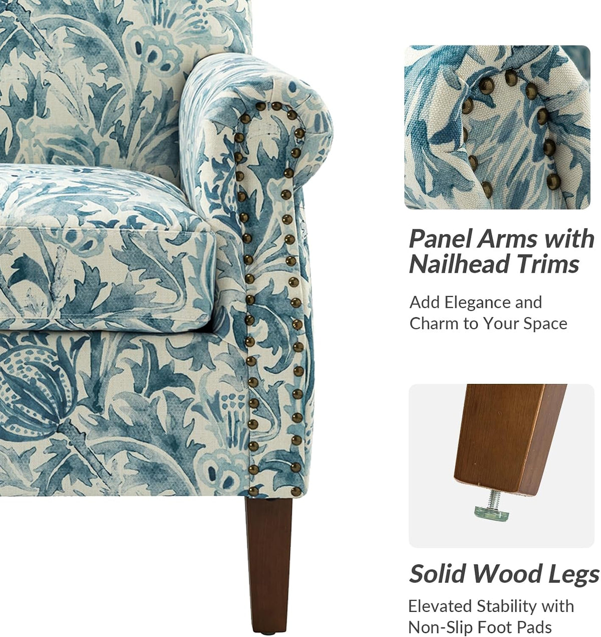 Accent Chair With Wood Legs & Removable Cushion, Floral Design Single Sofa P646
