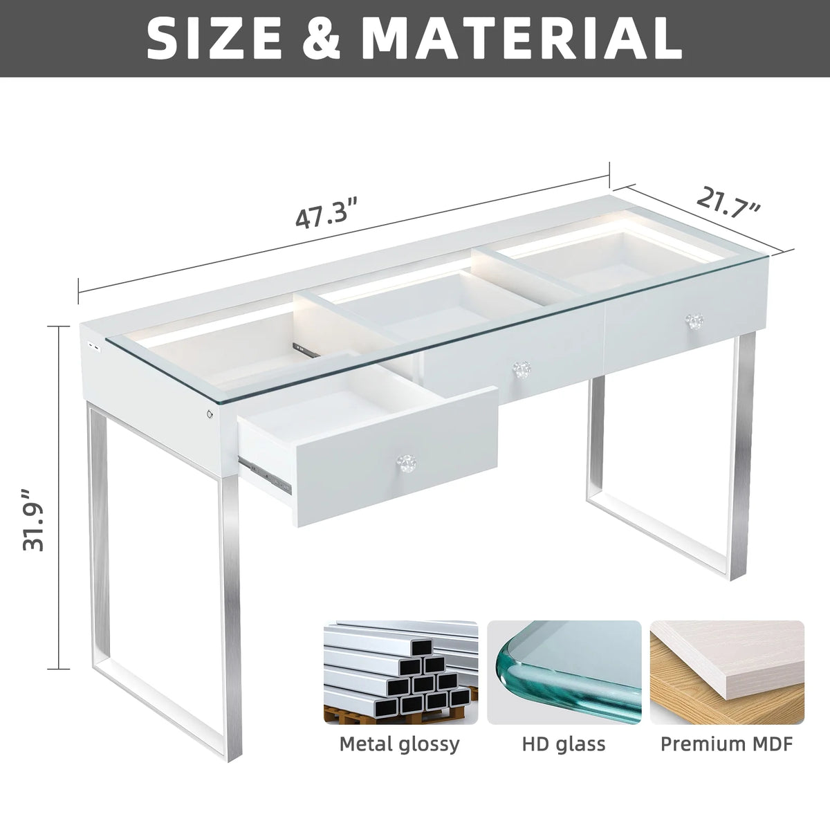 3-Drawer Vanity Table with LED Light and Charging Port O51266