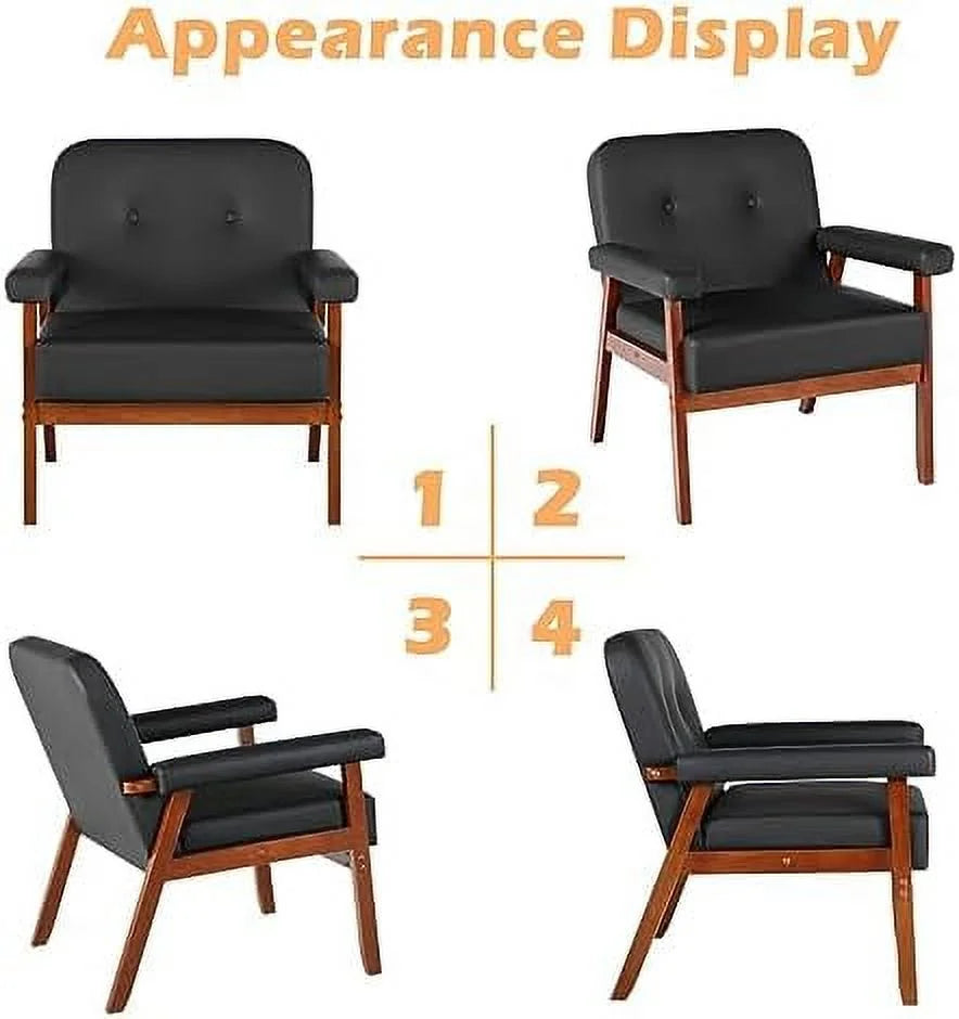 Black Faux Leather Accent Chairs Set of 2 with Wood Arms J278