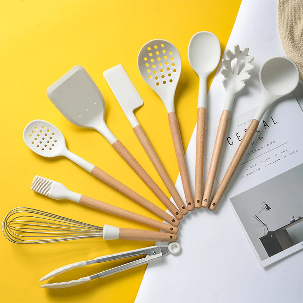 10 PCS Silicone Utensil Set Wooden Handle J3784
