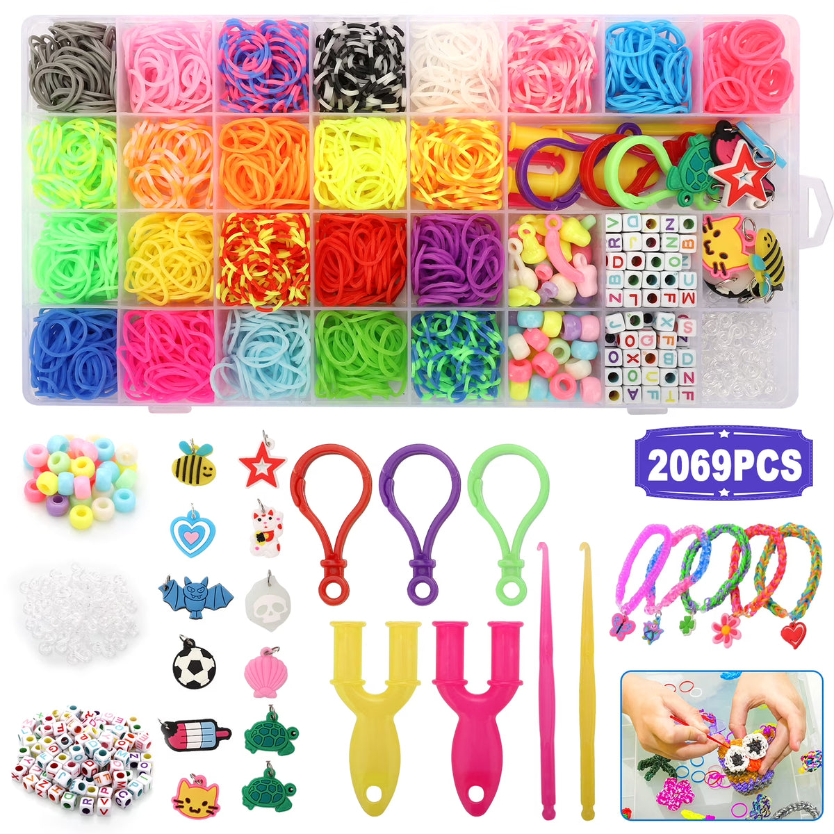 2069pcs Loom Bands Kit 28 Colors Rubber Bands Bracelets Making Kit with Accessory Y8178