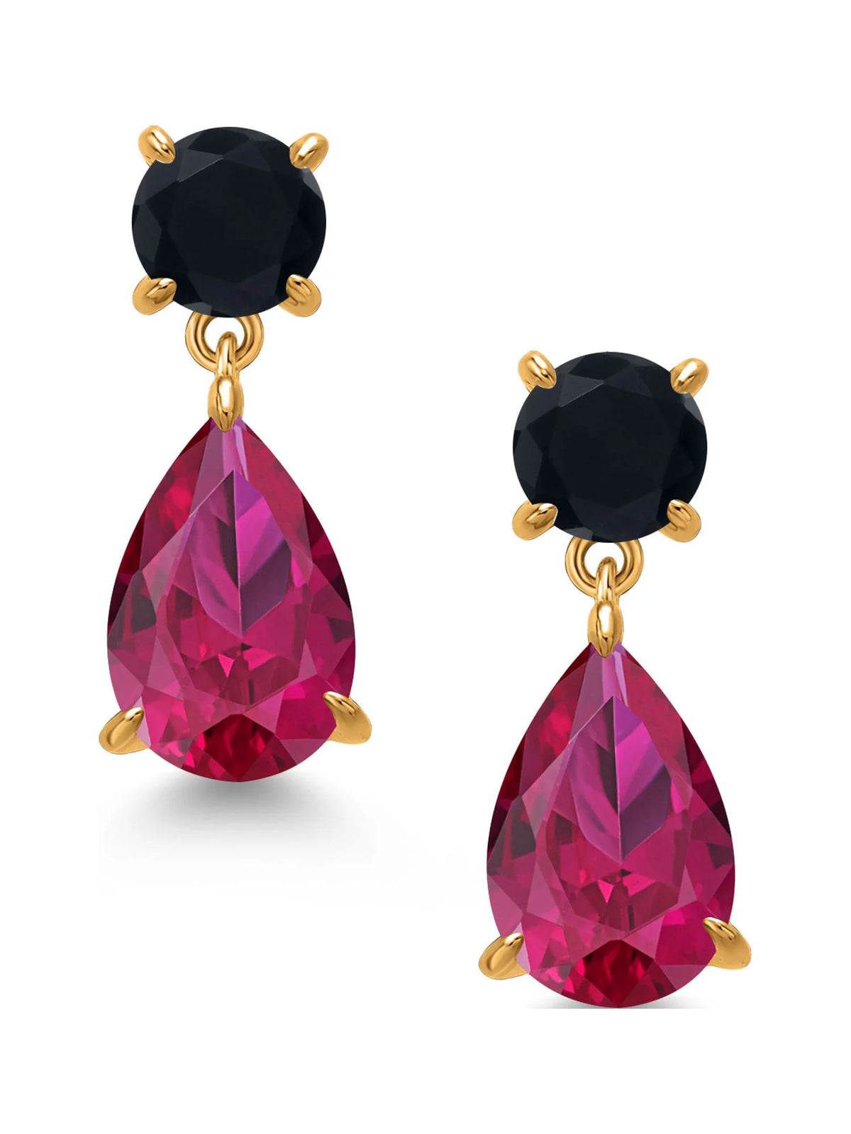 18K Yellow Gold Plated Red Created Ruby and Black Onyx Teardrop Dangle Earrings Z52763
